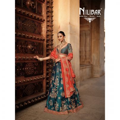 Peacock Blue and Orange Silk Bridal Lehenga