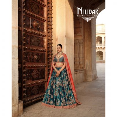Peacock Blue and Orange Silk Bridal Lehenga