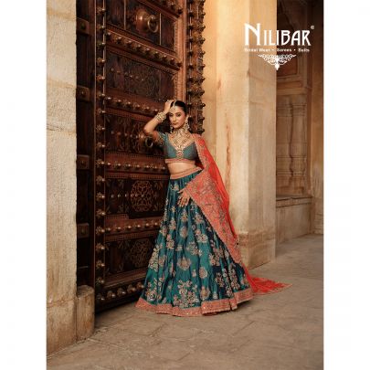 Peacock Blue and Orange Silk Bridal Lehenga