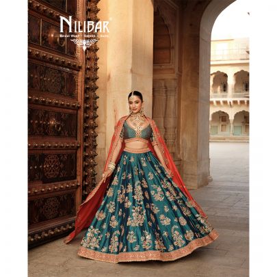 Peacock Blue and Orange Silk Bridal Lehenga