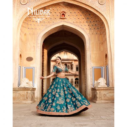 Peacock Blue and Orange Silk Bridal Lehenga