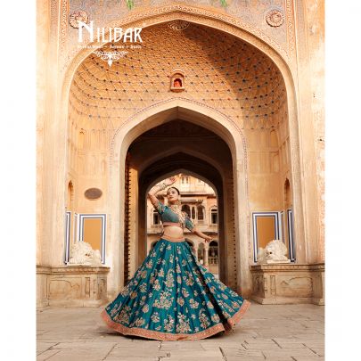 Peacock Blue and Orange Silk Bridal Lehenga