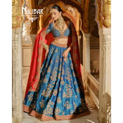 Peacock Blue and Orange Silk Bridal Lehenga