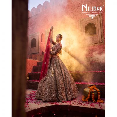 Mehroon Red Net Bridal Lehenga