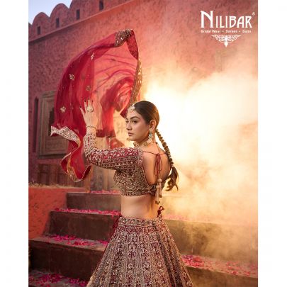 Mehroon Red Net Bridal Lehenga