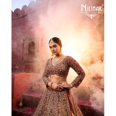 Mehroon Red Net Bridal Lehenga