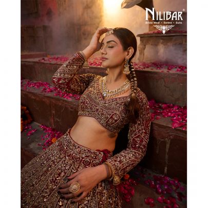 Mehroon Red Net Bridal Lehenga