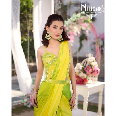 Parrot Green Crepe Drape Saree