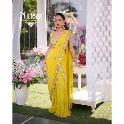 Pineapple Yellow Silk Drape Saree