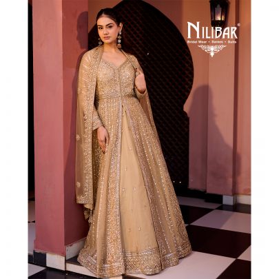 Gold Soft Net long jacket paired with lehenga
