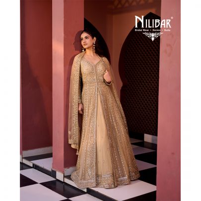 Gold Soft Net long jacket paired with lehenga
