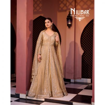Gold Soft Net long jacket paired with lehenga