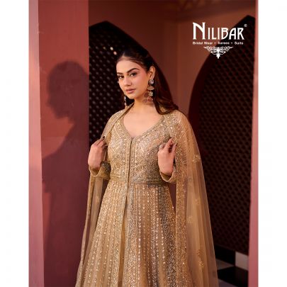 Gold Soft Net long jacket paired with lehenga