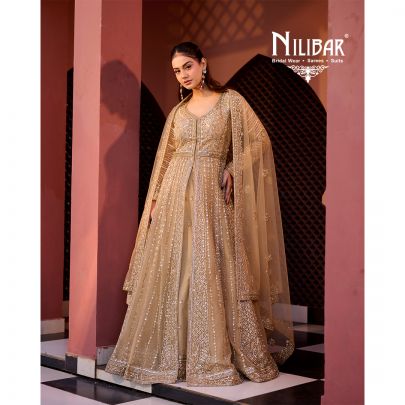 Gold Soft Net long jacket paired with lehenga