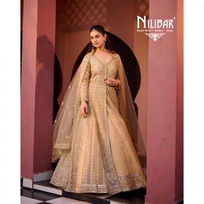 Gold Soft Net long jacket paired with lehenga