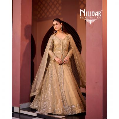 Gold Soft Net long jacket paired with lehenga
