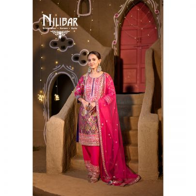 Hot Pink Silk Brocade Embroidered Suit