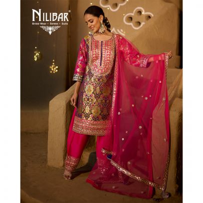 Hot Pink Silk Brocade Embroidered Suit