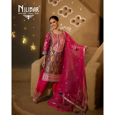 Hot Pink Silk Brocade Embroidered Suit