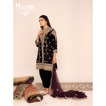 Dark Violet Velvet Shirt Paired With Dhoti