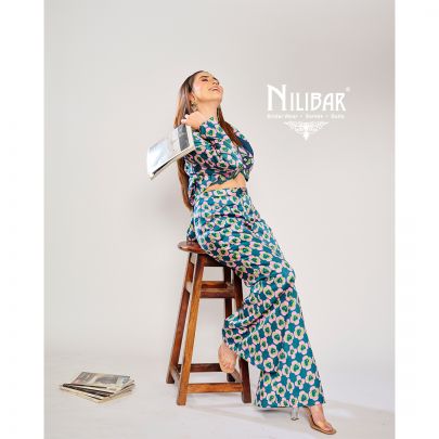 Blue & Pink Silk Printed Three Piece Indo Western Set