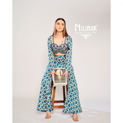 Blue & Pink Silk Printed Three Piece Indo Western Set