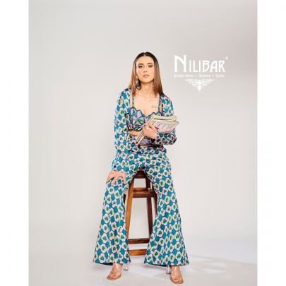 Blue & Pink Silk Printed Three Piece Indo Western Set