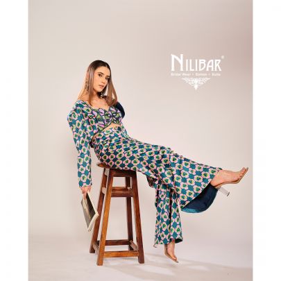 Blue & Pink Silk Printed Three Piece Indo Western Set