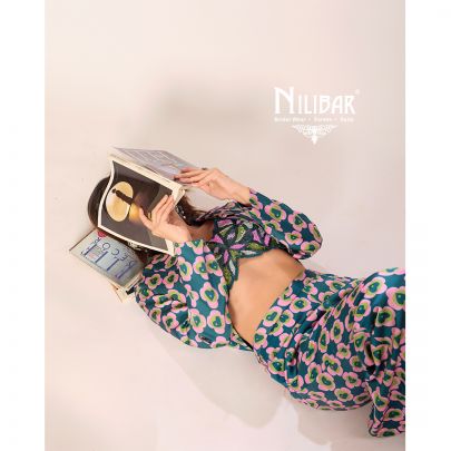 Blue & Pink Silk Printed Three Piece Indo Western Set