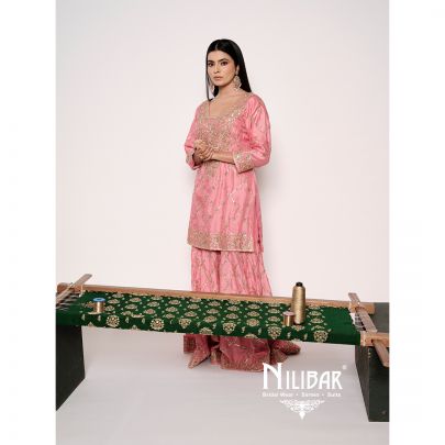 Powder Pink Sequins Embellished Short Shirt & Sharara Suit