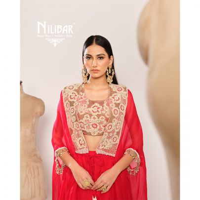 Red Organza Cape Paired With Silk Blouse & Satin Bottom