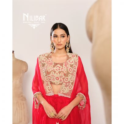 Red Organza Cape Paired With Silk Blouse & Satin Bottom