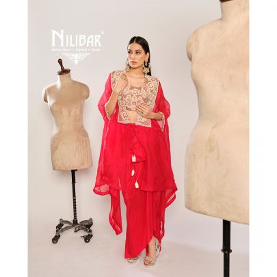 Red Organza Cape Paired With Silk Blouse & Satin Bottom