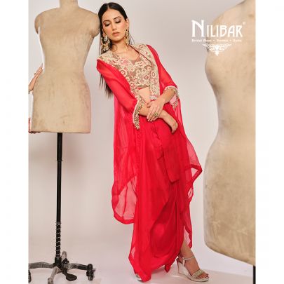 Red Organza Cape Paired With Silk Blouse & Satin Bottom
