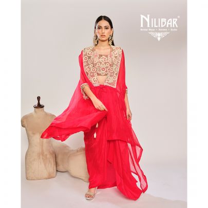 Red Organza Cape Paired With Silk Blouse & Satin Bottom