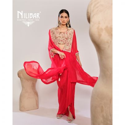 Red Organza Cape Paired With Silk Blouse & Satin Bottom