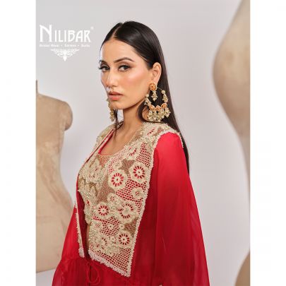 Red Organza Cape Paired With Silk Blouse & Satin Bottom
