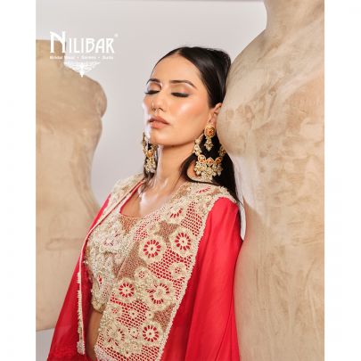 Red Organza Cape Paired With Silk Blouse & Satin Bottom