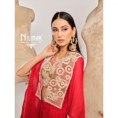 Red Organza Cape Paired With Silk Blouse & Satin Bottom