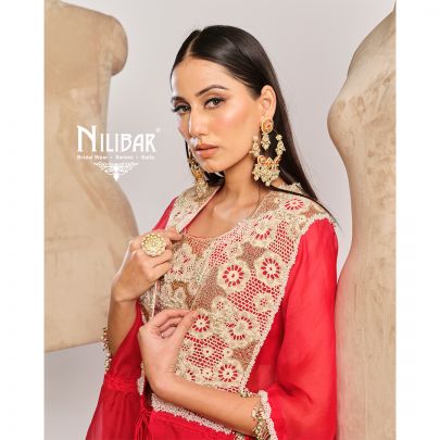 Red Organza Cape Paired With Silk Blouse & Satin Bottom