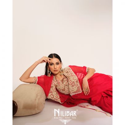 Red Organza Cape Paired With Silk Blouse & Satin Bottom