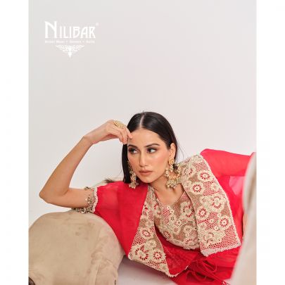 Red Organza Cape Paired With Silk Blouse & Satin Bottom