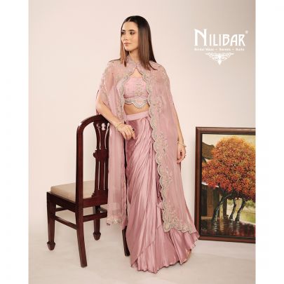 Onion Pink Organza Cape Paired With Silk Blouse & Satin Bottom