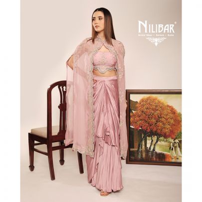 Onion Pink Organza Cape Paired With Silk Blouse & Satin Bottom
