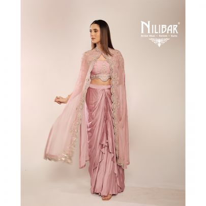 Onion Pink Organza Cape Paired With Silk Blouse & Satin Bottom