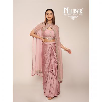 Onion Pink Organza Cape Paired With Silk Blouse & Satin Bottom