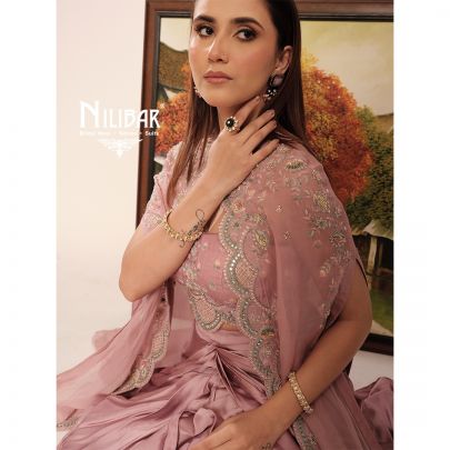 Onion Pink Organza Cape Paired With Silk Blouse & Satin Bottom