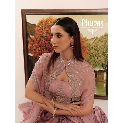 Onion Pink Organza Cape Paired With Silk Blouse & Satin Bottom
