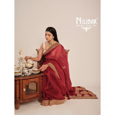 Red Organza Embroidered Saree