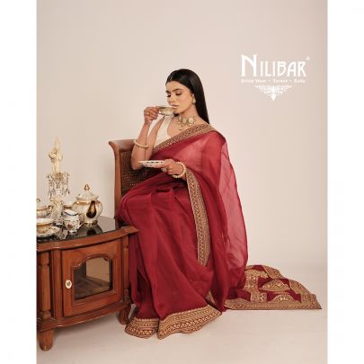 Red Organza Embroidered Saree
